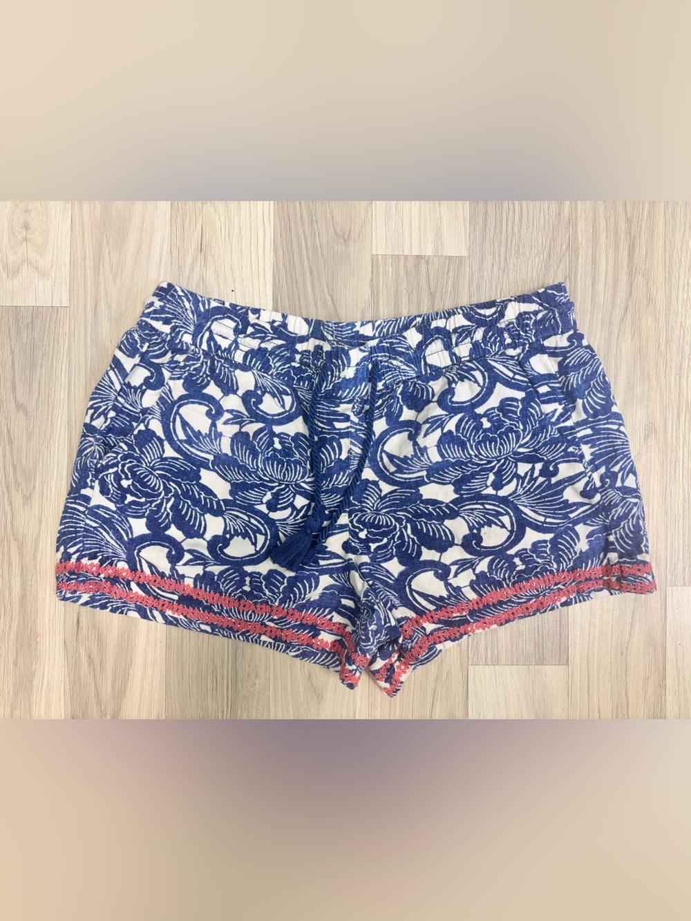 LOFT Blue and White Floral Drawstring Shorts with Coral Trim